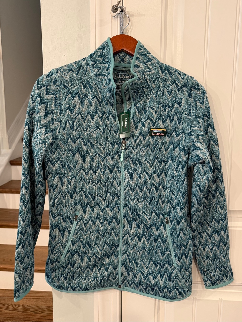 L.L.Bean Women’s Sweater Fleece Full Zip Jacket Medium Blue Fair Isle NWT